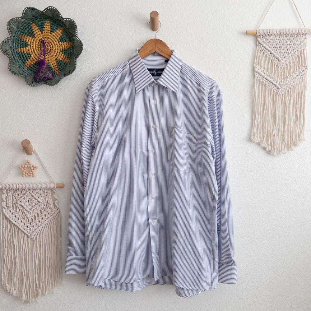 Ralph Lauren White Blue Pinstripe Casual Button Down Shirt Size 17.5